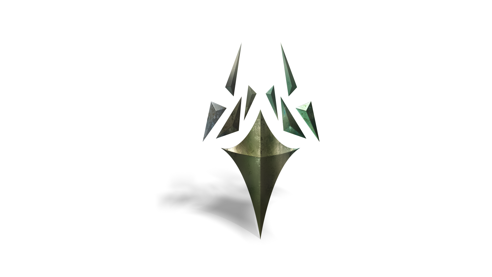 A sharp and metallic shape with various hovering metallic shards stands on its point.