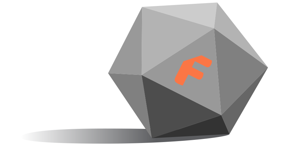 A twenty sided die sitting at rest with the F from the fun shots logo on one of the faces.