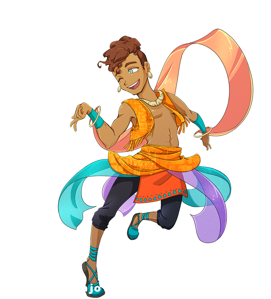 A young man dances and winks. He wears thin flowing banners of cloth around his loose-fit vest and casual capri pants.