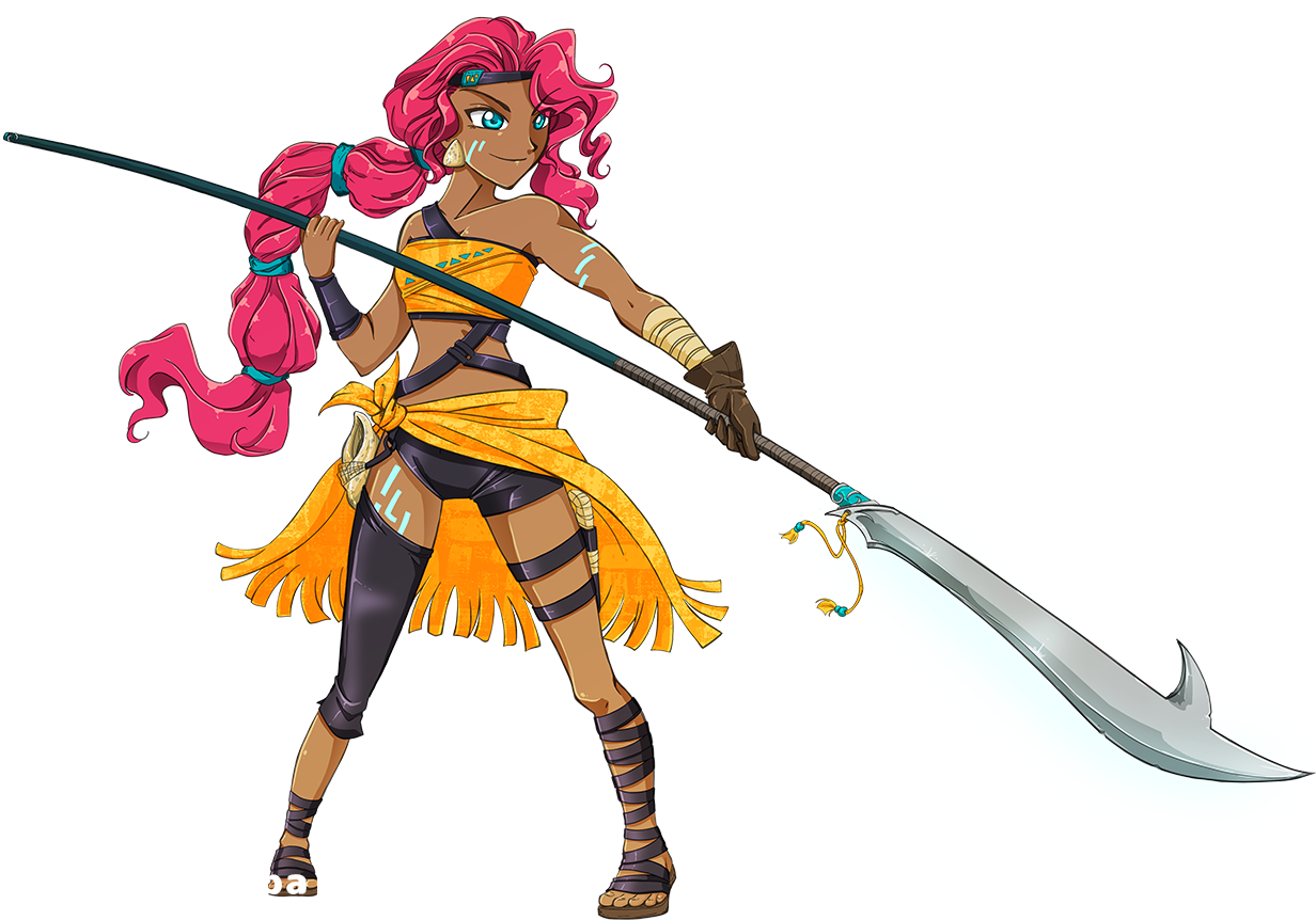 A young woman with hair tied up in a waist-length ponytail brandishes an ornate glaive. She wears a close-fitting outfit of shark leathers and patterned cloth.