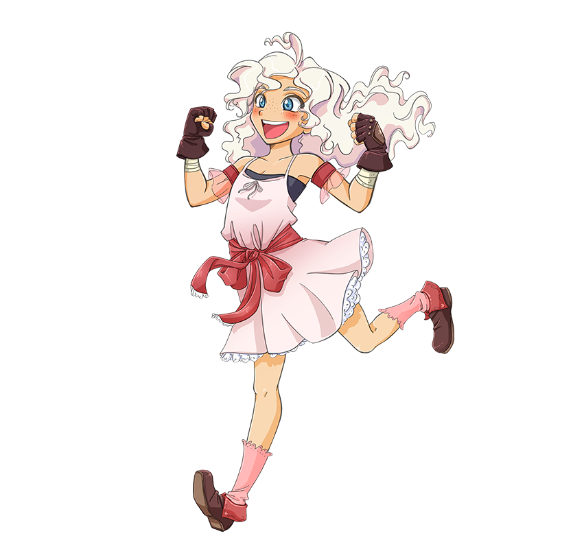 A young woman with wild hair bounds joyously along. She wears a pink frilly dress and a pair of reinforced leather fighting gloves.