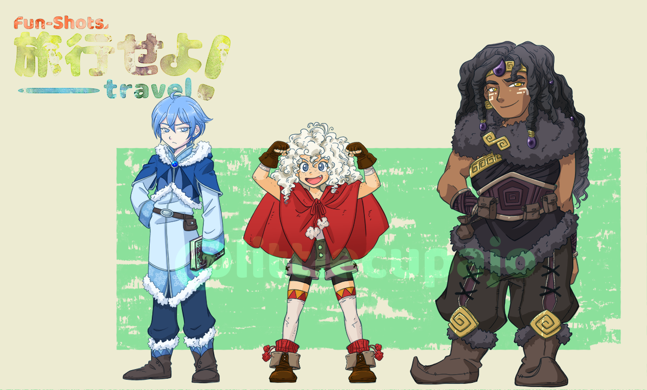 Three figures, the original three characters, stand together.