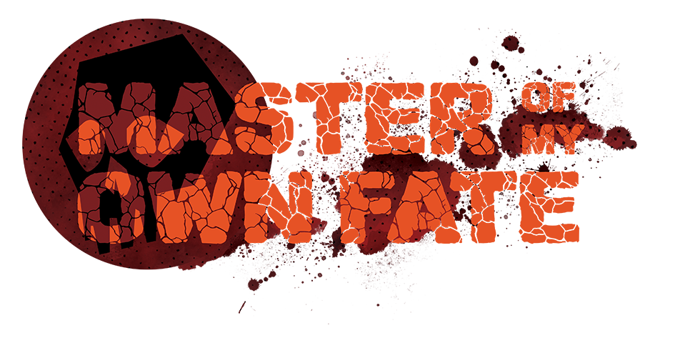 A red splatter pattern running from right to left ends in a large circle with a black skull. Over both in orange text that's been cracked is written Master of my own fate.